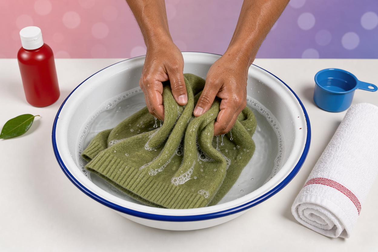 Hands gently washing a wool sweater in a basin, showing soaking and delicate squeezing, mild suds visible, towel nearby for rolling