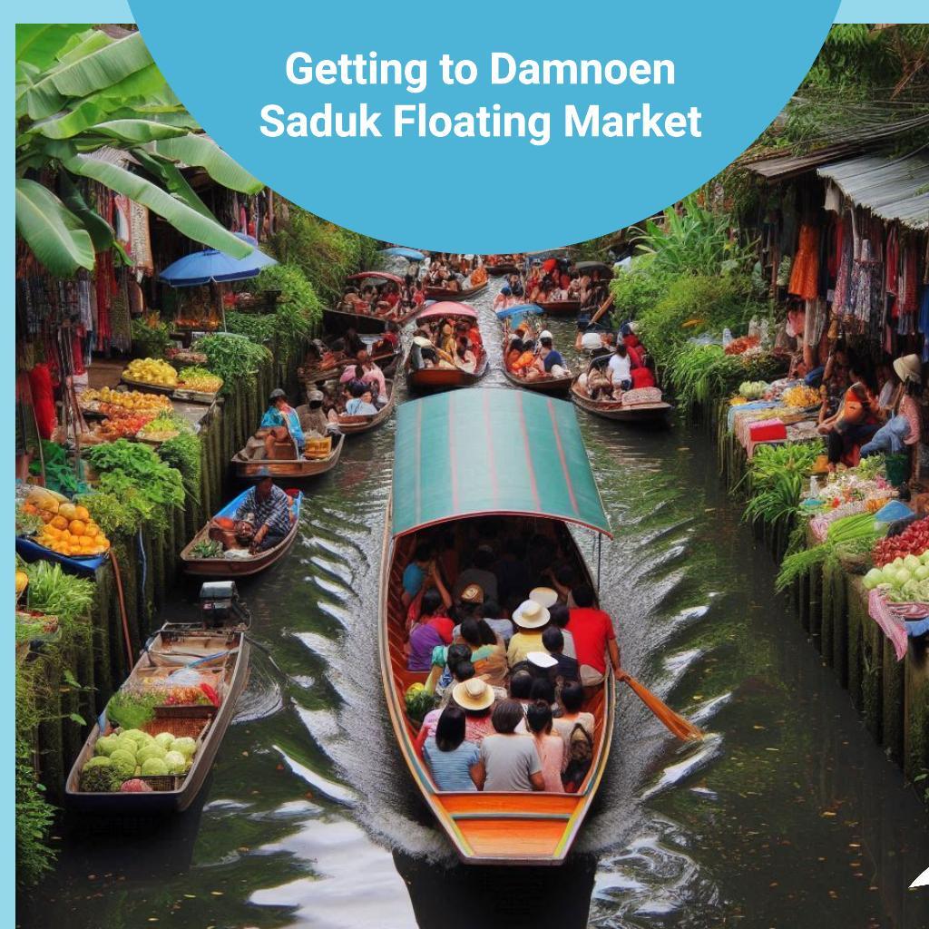 Boats filled with people navigating through the vibrant Damnoen Saduak Floating Market, surrounded by vendors selling fresh produce and goods along the canal. AI Generated Image