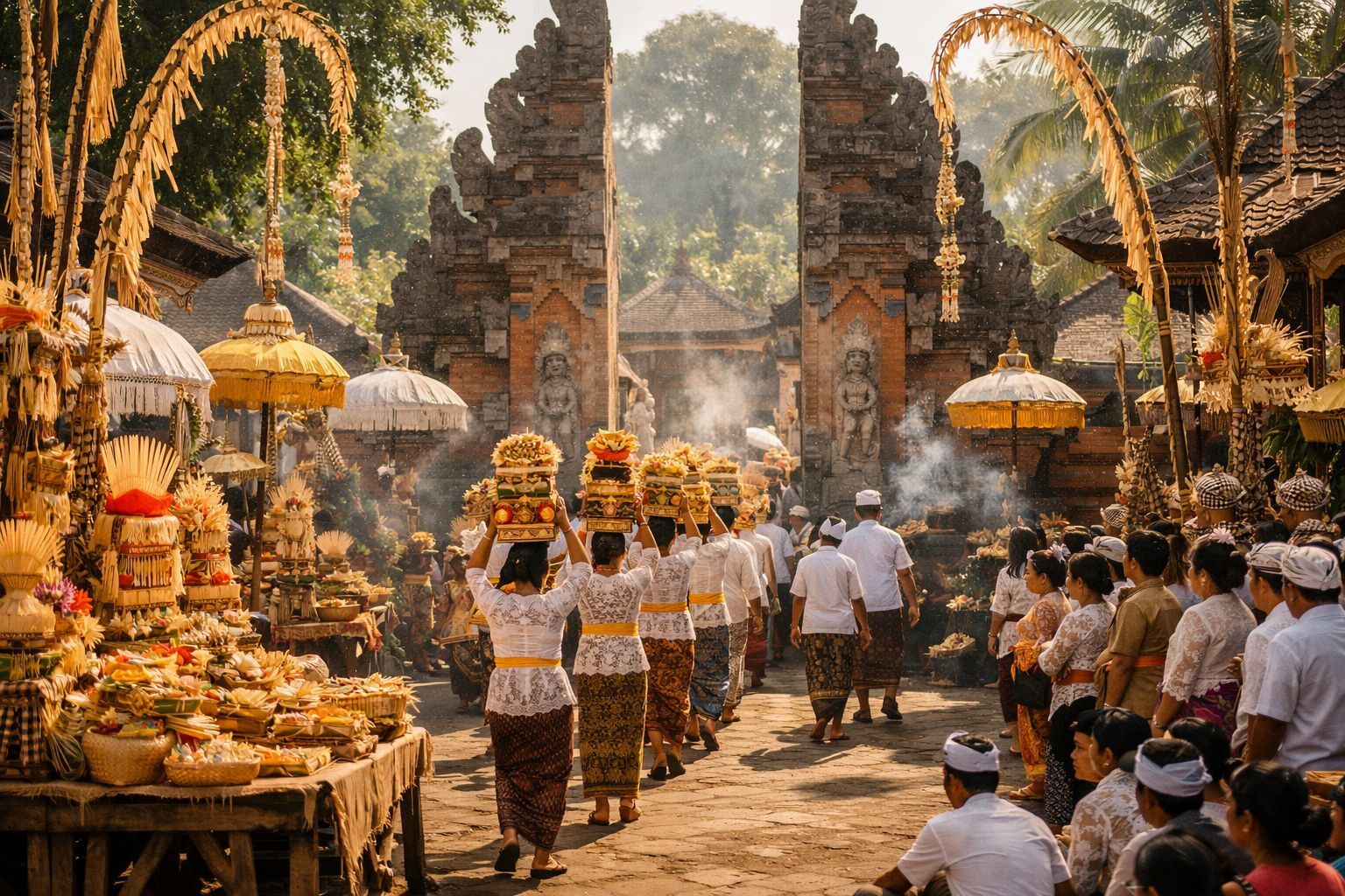 Prosesi mapeed menuju pura di Bali saat rangkaian upacara adat