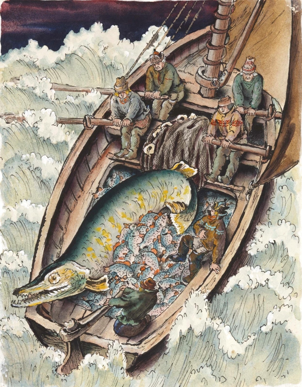 На баркасе. Иллюстрация к эстонской сказке «Заветный узел». 1961 