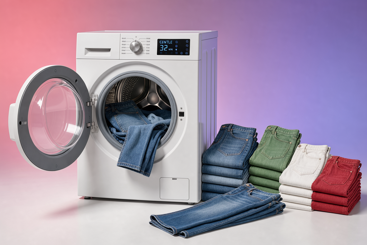 Open washing machine with jeans inside on a gentle cycle display panel visible next to machine, denim items arranged by color beside it, no brand labels or detergents