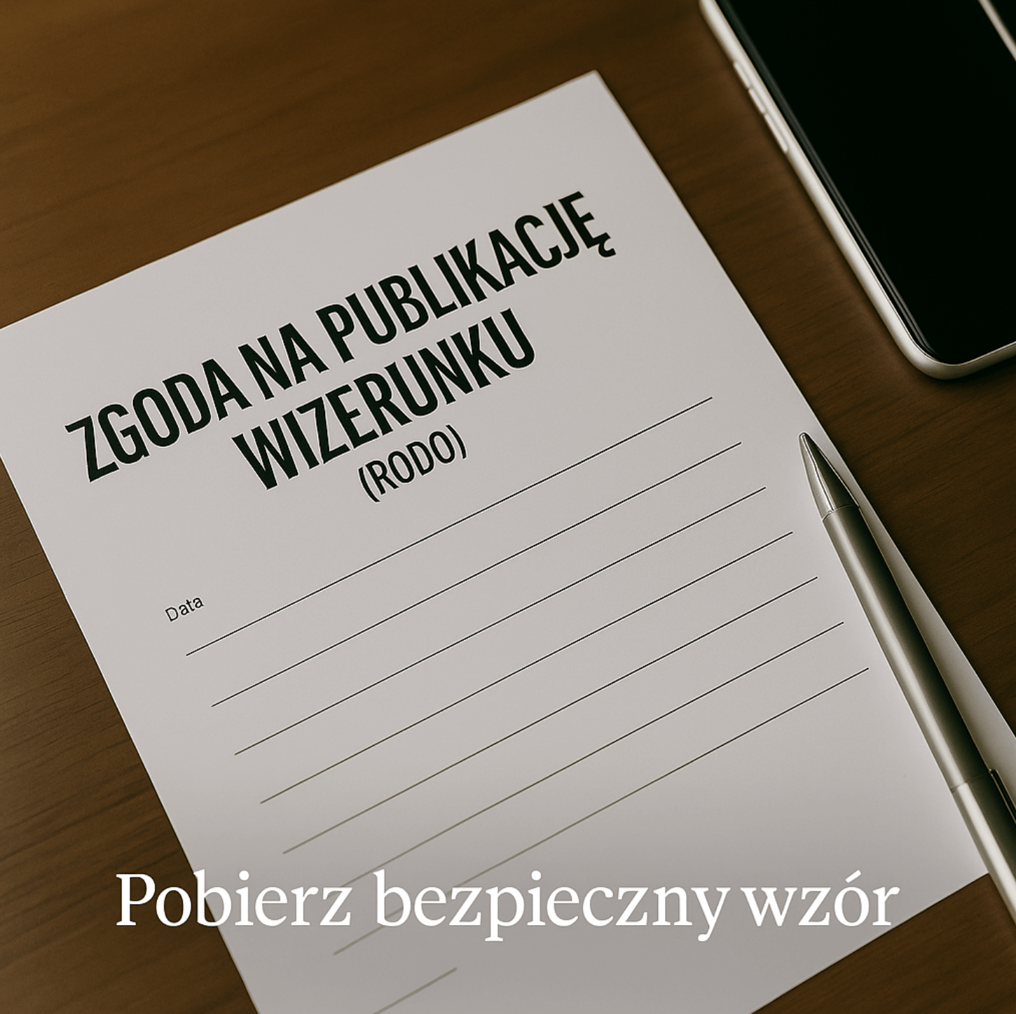 Zbliżenie na dokument Zgoda na publikację wizerunku (RODO) z długopisem i smartfonem na drewnianym biurku – wizualizacja do artykułu o ochronie danych osobowych w fotografii