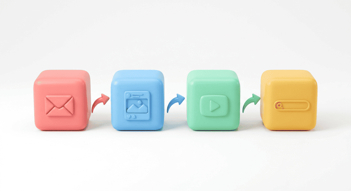 маркетинг простыми словами Трёхмерная сетка из четырёх мягких объёмных кубиков разных цветов — розовый, голубой, зелёный, жёл