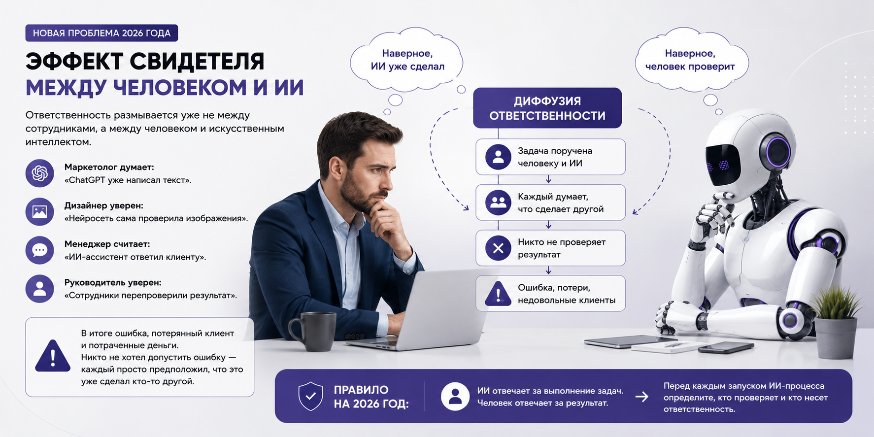 Инфографика: три причины эффекта свидетеля в команде — размывание ответственности, социальное сравнение, страх ошибиться. Схема показывает как 5 человек не выполняют задачу потому что каждый думает что её сделает кто-то другой