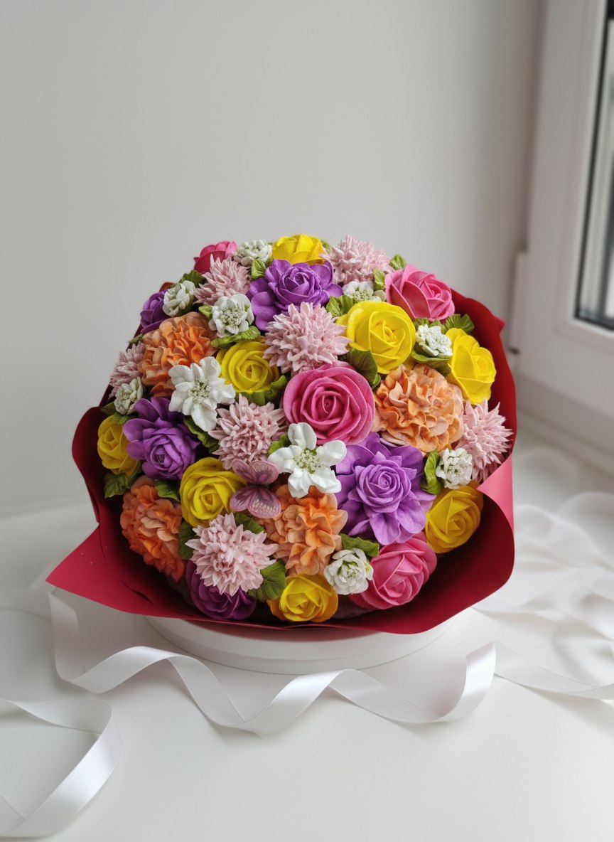 Букет из роз, гардении, хризантемы, диантуса из зефира VIP №2 1