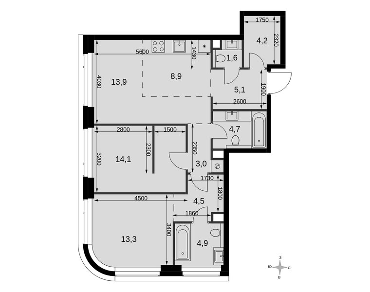 Планировка 3-комнатной квартиры 78,2 м² в ЖК «Амбер Сити»: корпус 4, секция 1, 35-й этаж