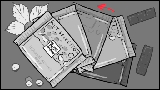 Разнообразие вкусов – раскладка упаковок Ritter Sport – Кадр из концептуального сториборда: несколько упаковок шоколада аккуратно разложены, создавая эффект выбора. Ассортимент, качество, лакомство, брендовый стиль