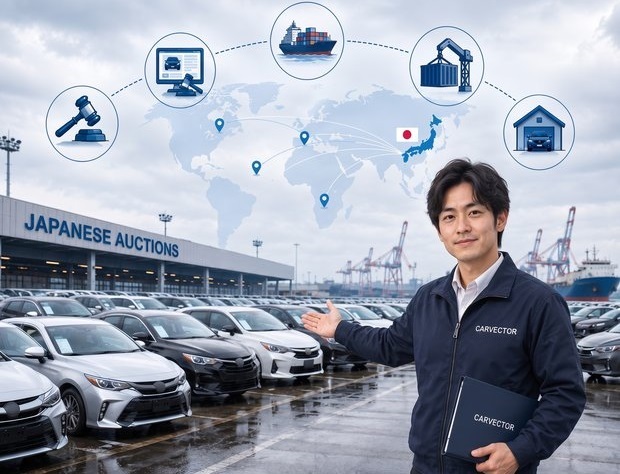 Cars ready for export at Carvector's Japan yard