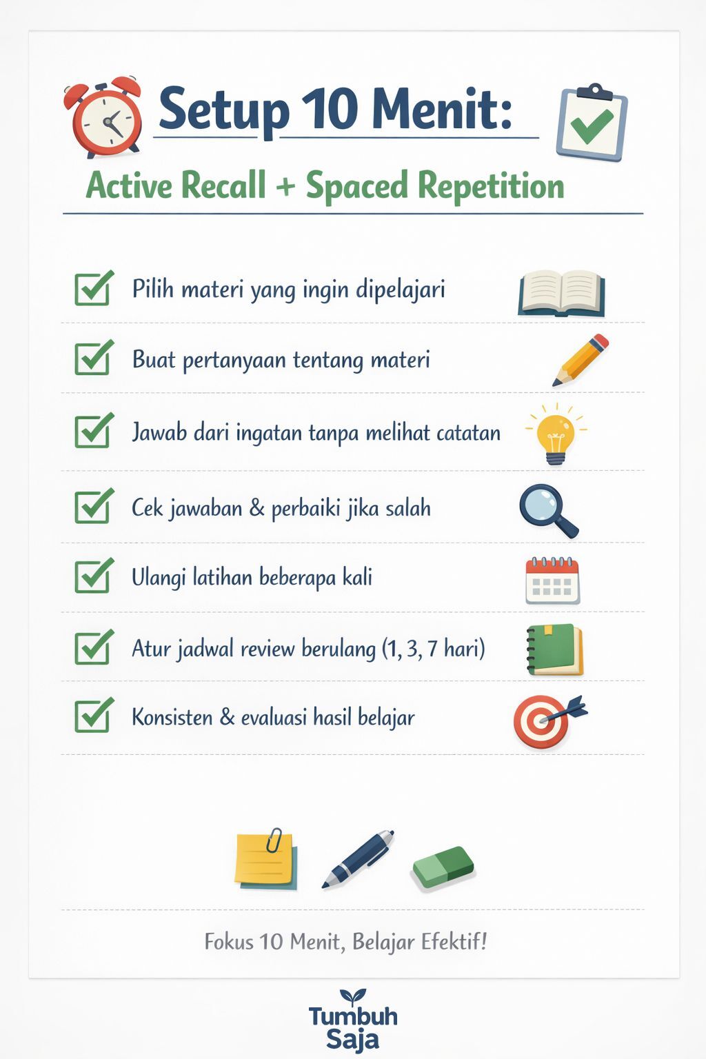 Setup belajar 10 menit dengan active recall untuk mulai belajar tanpa menunda