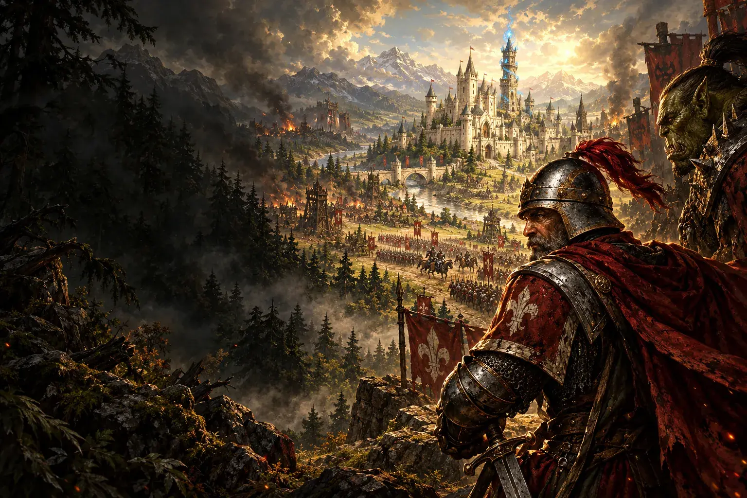 Crownfall knight and army overlooking the kingdom