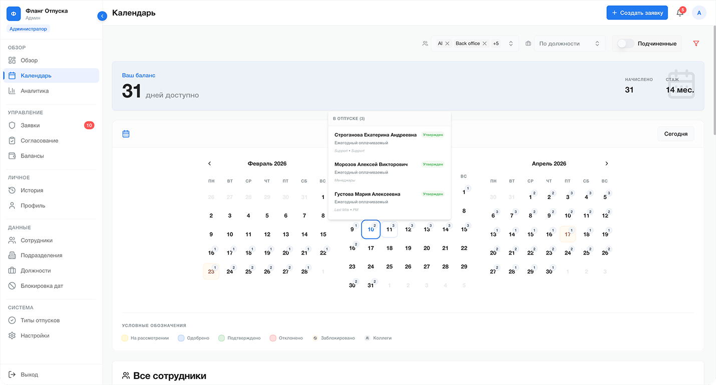 Командный календарь отпусков — кто и когда уходит, система Фланг Отпуск