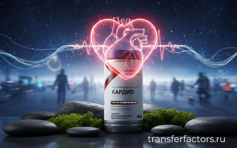4Life Transfer Factor Cardio — банка добавки на камнях с мхом, над ней светящийся контур сердца и линия ЭКГ на фоне города
