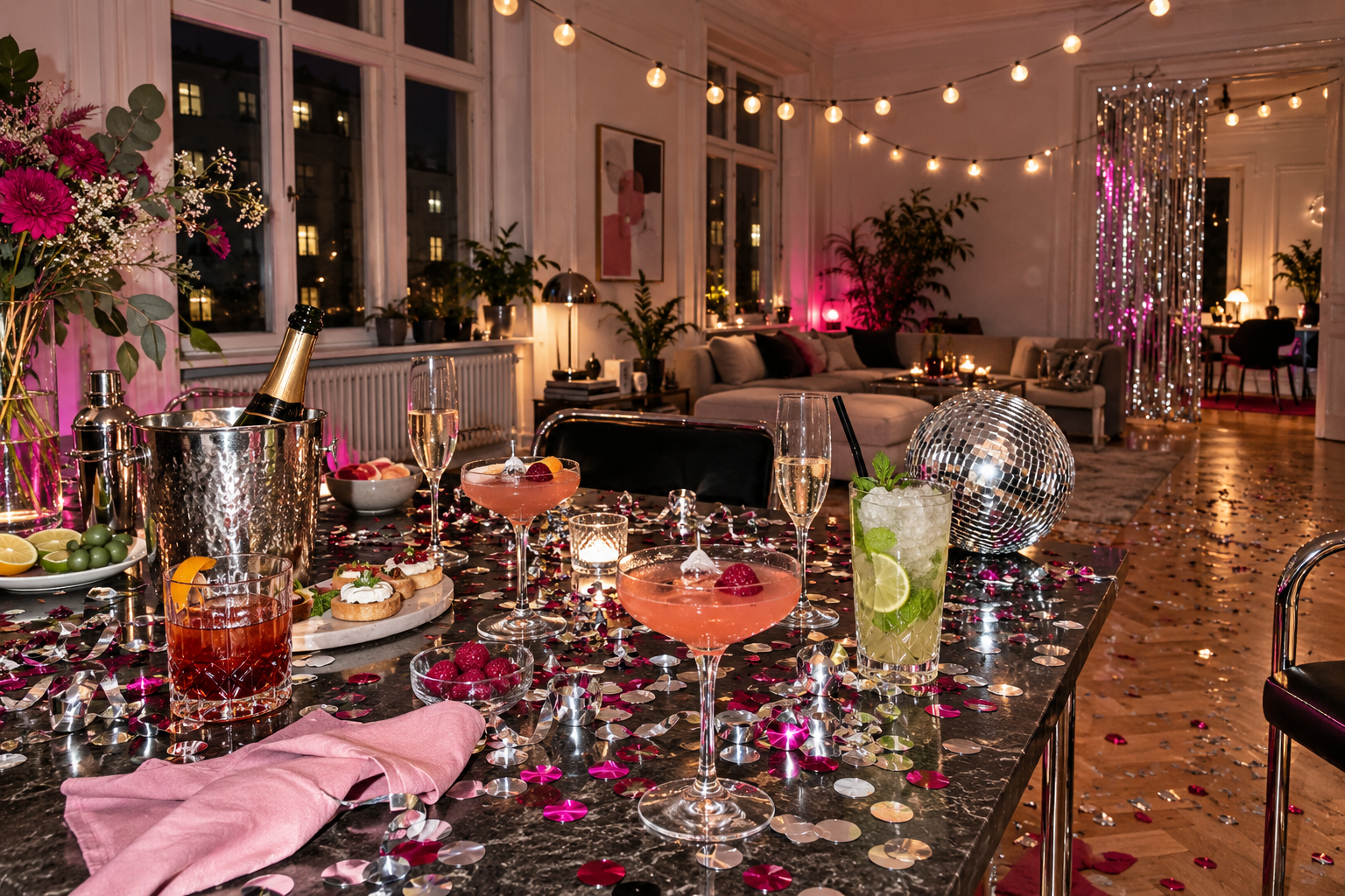 Cocktails und Prosecco zwischen Konfetti und warmen Lichtern am Abend