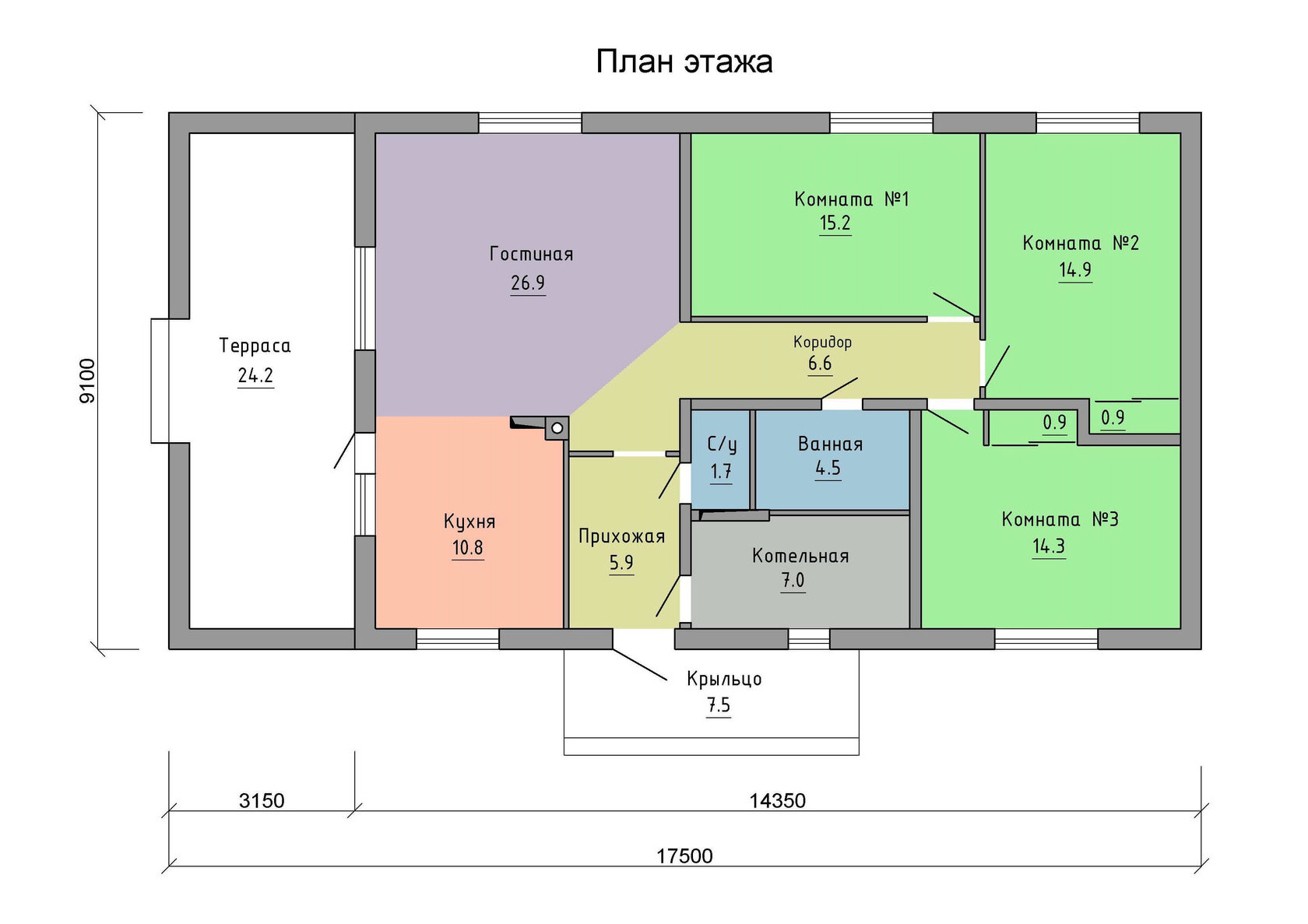 Планировка одноэтажного дома 8 на 12 с тремя спальнями