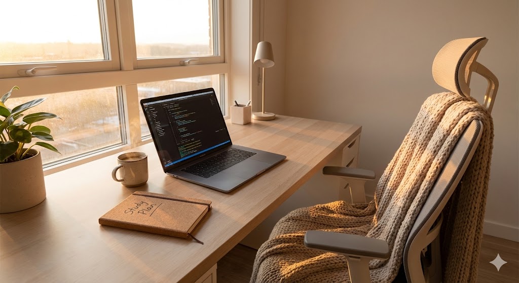 Уютное рабочее место для онлайн-обучения с ноутбуком и учебным планом 