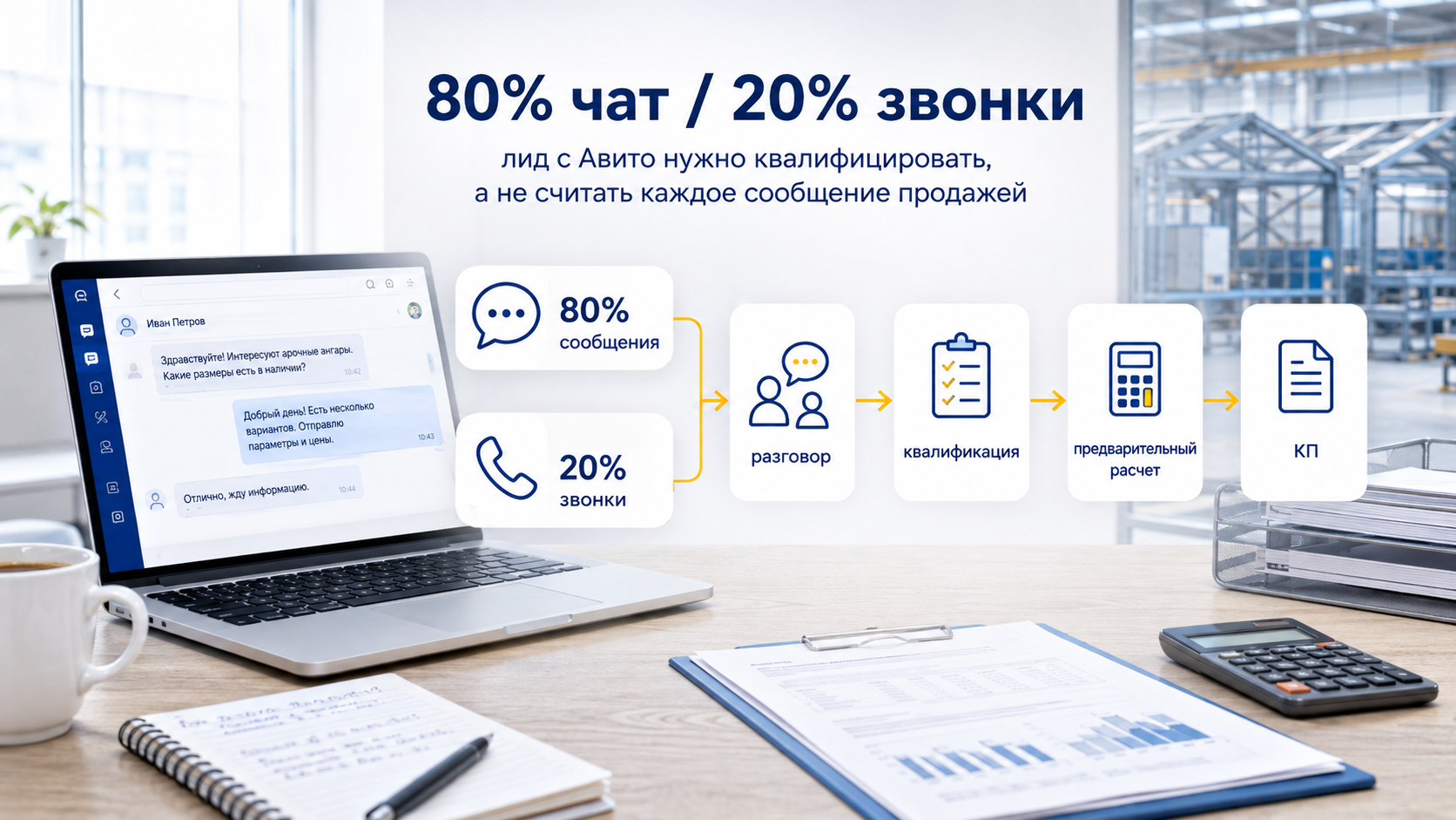 Схема обработки заявок с Авито по ангарам через чат, звонок, квалификацию и расчет
