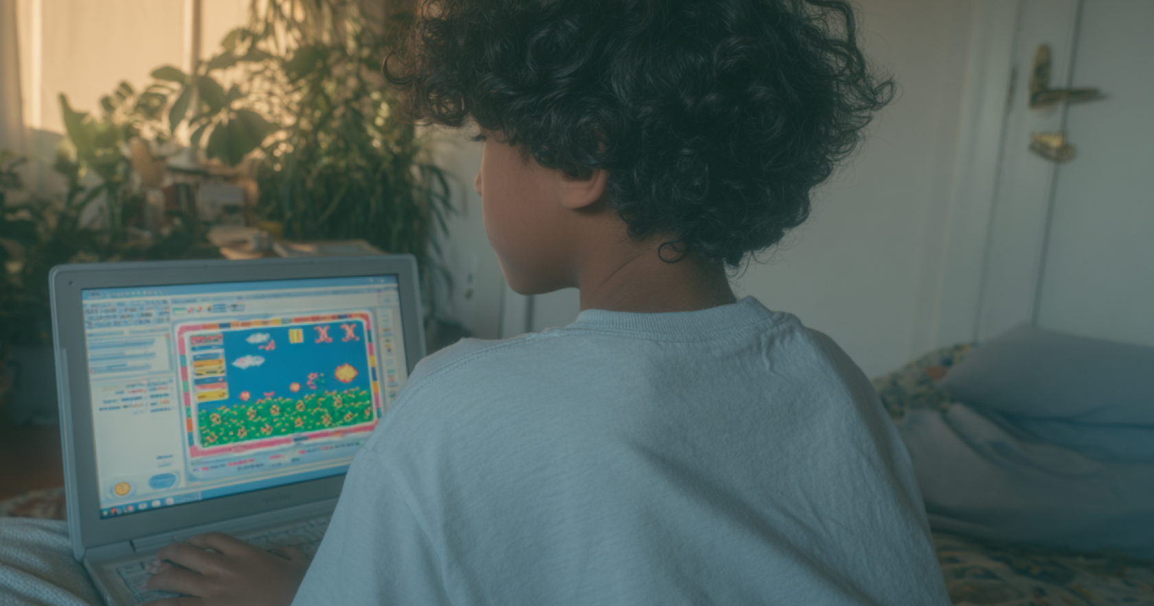 Clase online de programación para niños: en la pantalla se ve al profesor y el videojuego en desarrollo.