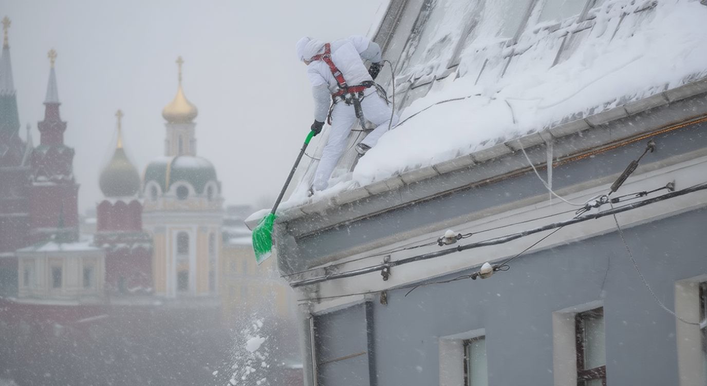 Очистка кровли от снега: промышленный альпинист убирает снег с карниза на высоте.