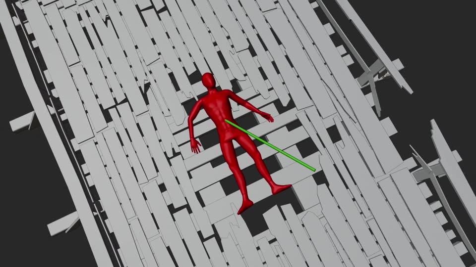 Blender: вид сверху, красная болванка лежит на мосту