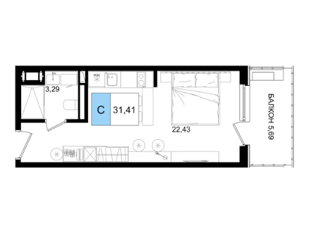 Планировка студия 31,41 м²