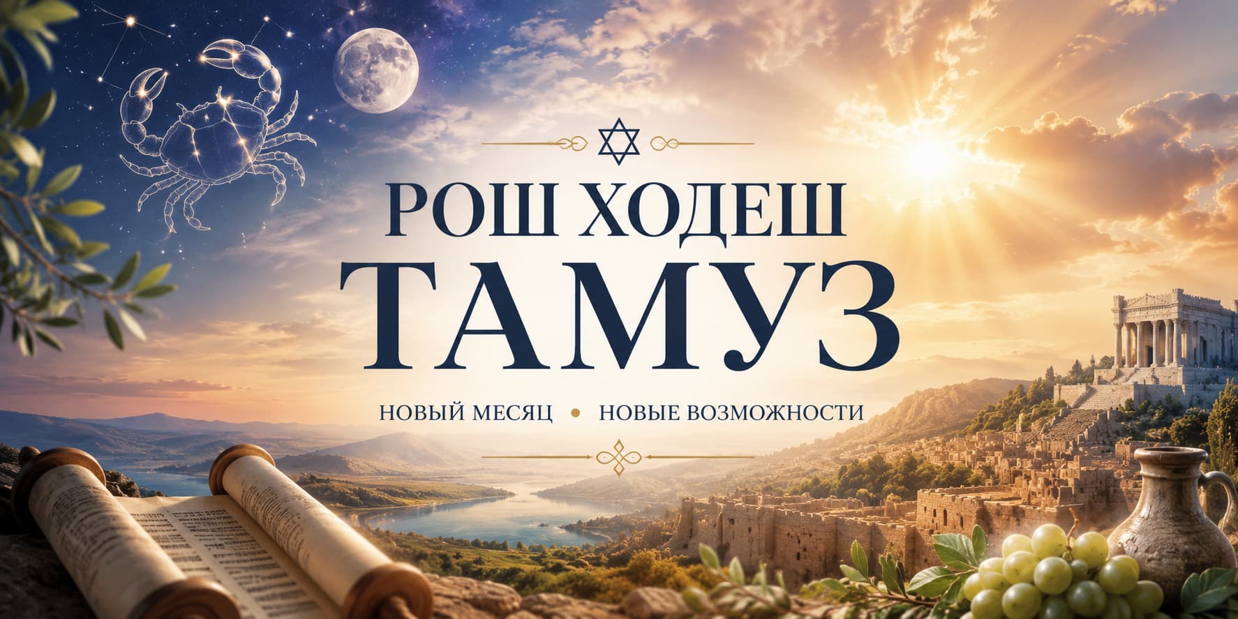 Рош Ходеш Тамуз — иллюстрация четвертого месяца еврейского календаря с созвездием Рака, древним свитком Торы, солнечным светом и пейзажем Земли Израиля, символизирующая духовное значение месяца Тамуз.