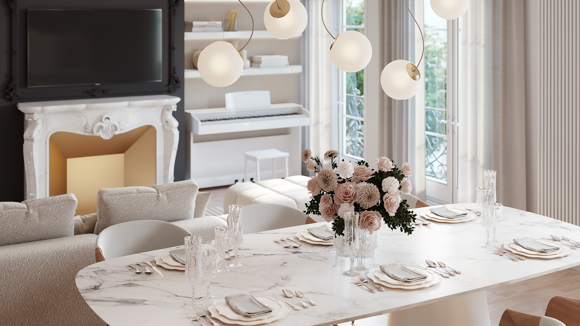 Décoration salle à manger classique avec table ronde en marbre et plafond orné