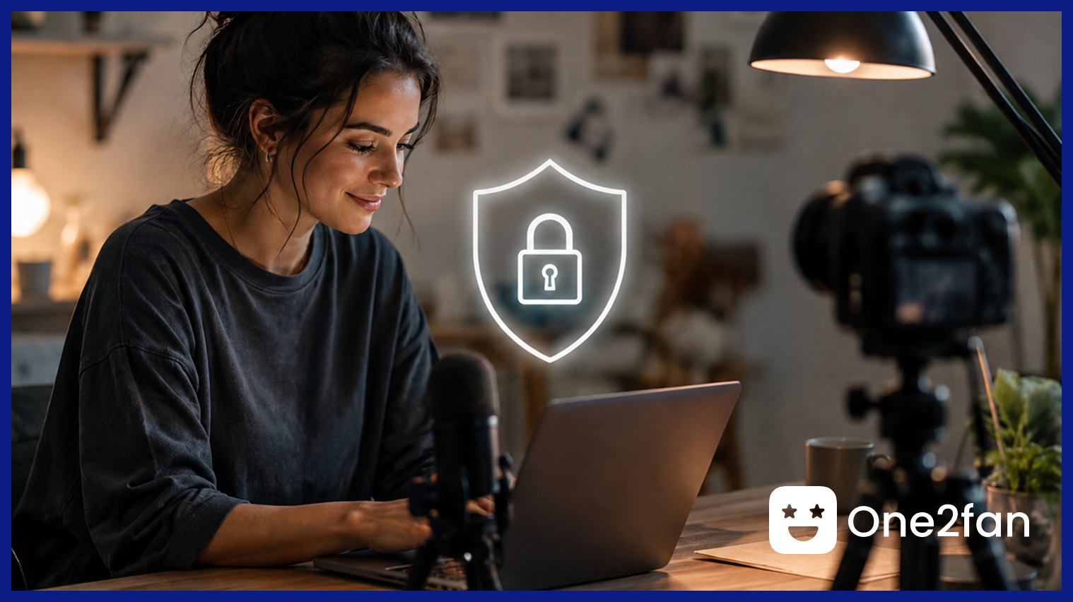 Content creator managing a One2Fan account with a security shield symbolizing platform protection.