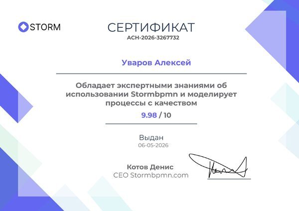 Сертификат Storm BPMN — экспертные знания, оценка 9.98/10