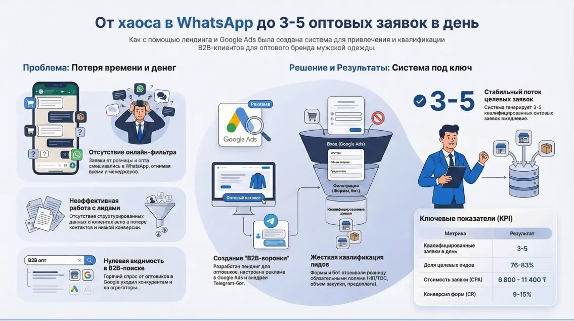 Инфографика к кейсу: От хаоса в WhatsApp до 3-5 оптовых заявок в день