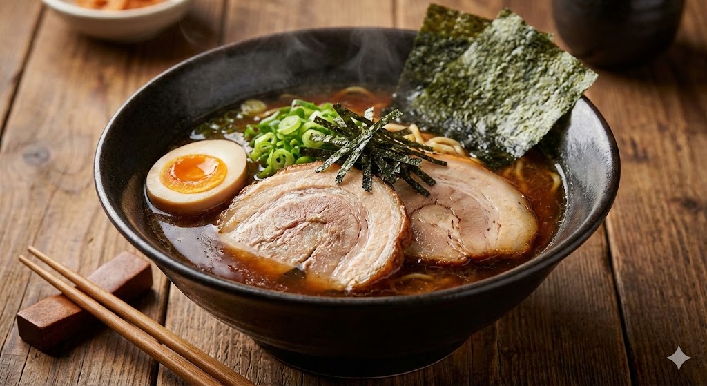 Аппетитный японский рамен с яйцом и свининой