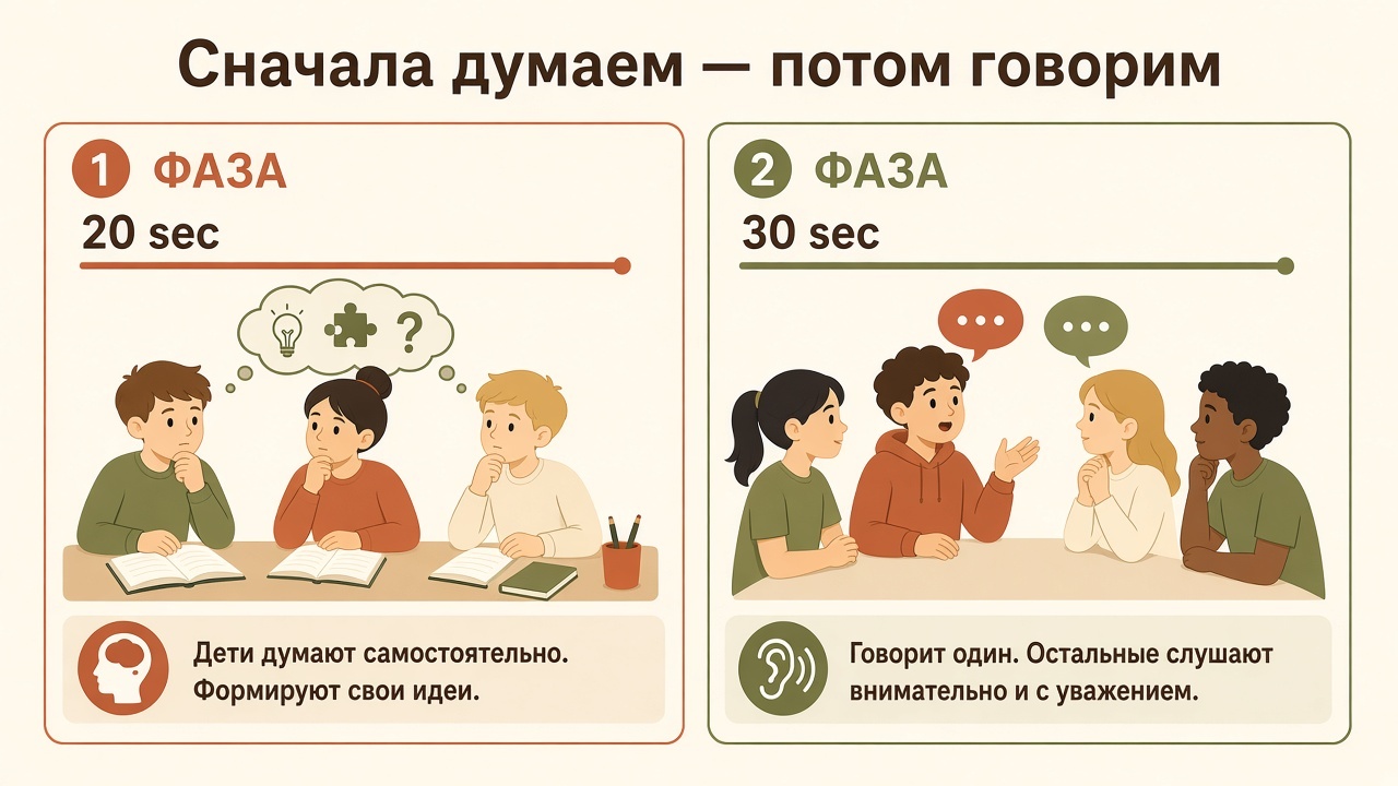 Два этапа: самостоятельное размышление и поочерёдные ответы
