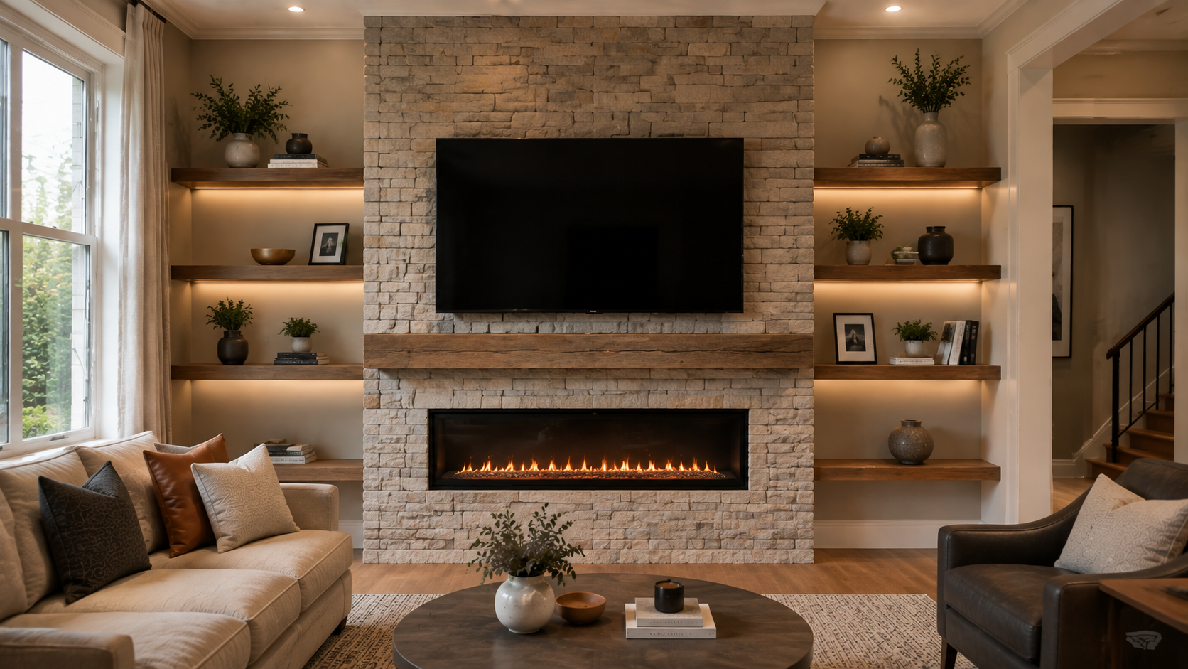 Fireplace media wall with TV, ledger stone build-out, wood mantel, and illuminated floating shelves in a Northern Virginia home.