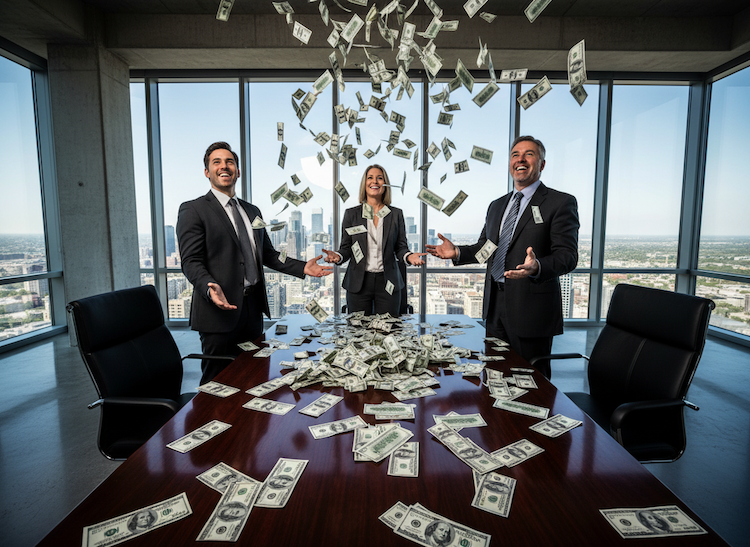 People standing in conference room with paper falling from the ceiling onto the table