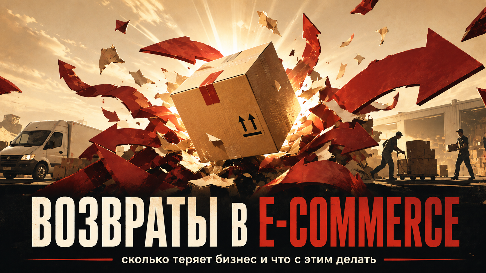 Постер в стиле киноафиши: картонная коробка взрывается сквозь стену красных стрел  на фоне склада и грузового фургона — обложка статьи Возвраты в e-commerce: сколько  теряет бизнес и что с этим делать