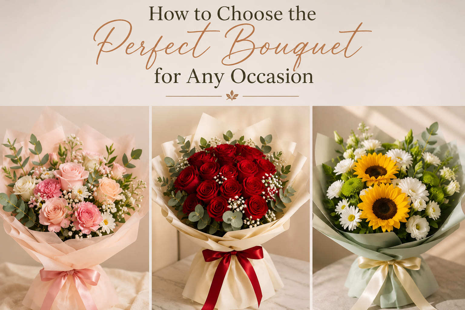 Elegant bouquet selection guide with pink roses red roses and sunflower flowers for occasions in Morocco