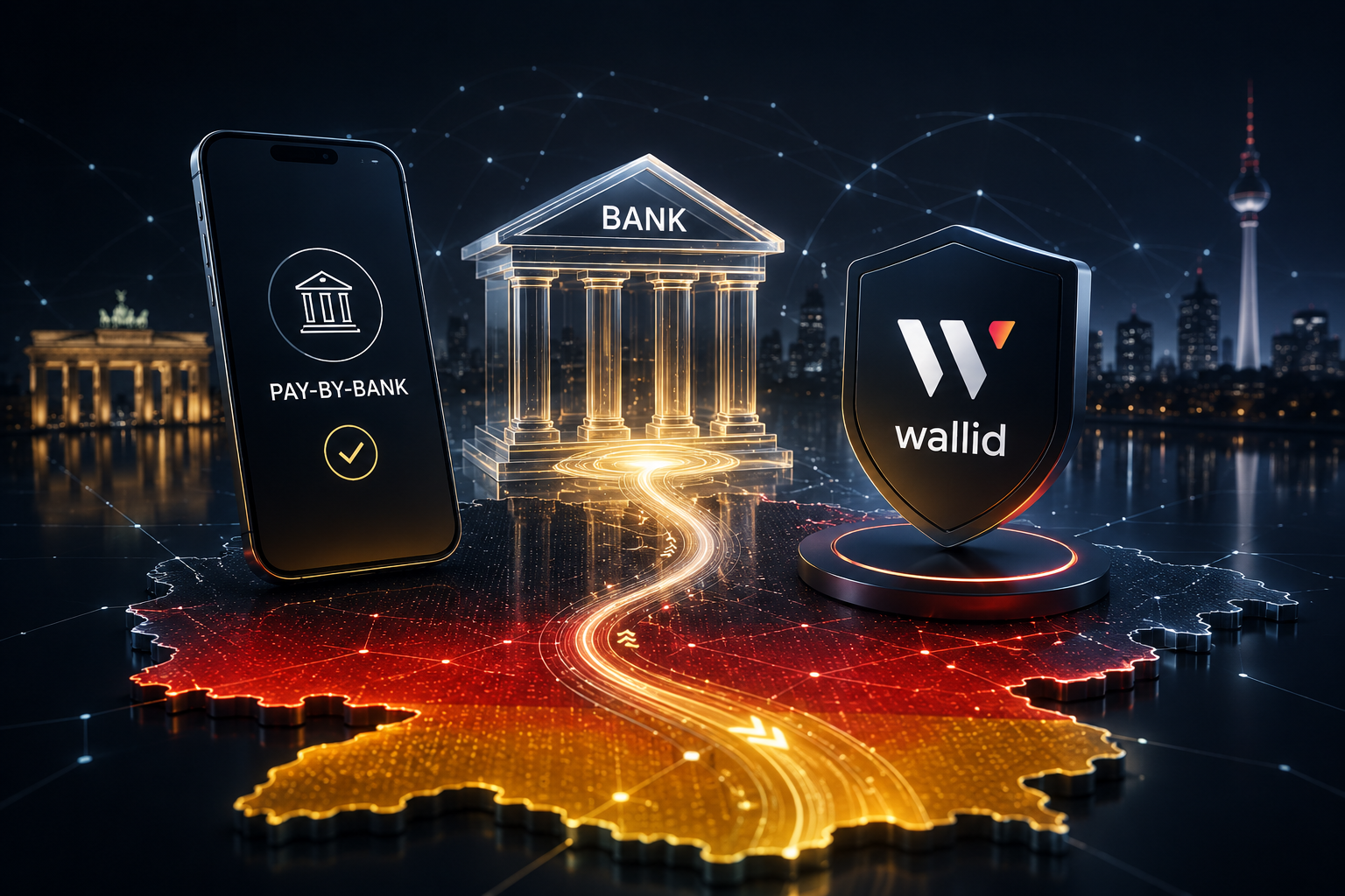 Futuristic Pay-by-Bank payment infrastructure in Germany featuring Wallid Open Banking technology direct bank payments and secure ecommerce payment processing.