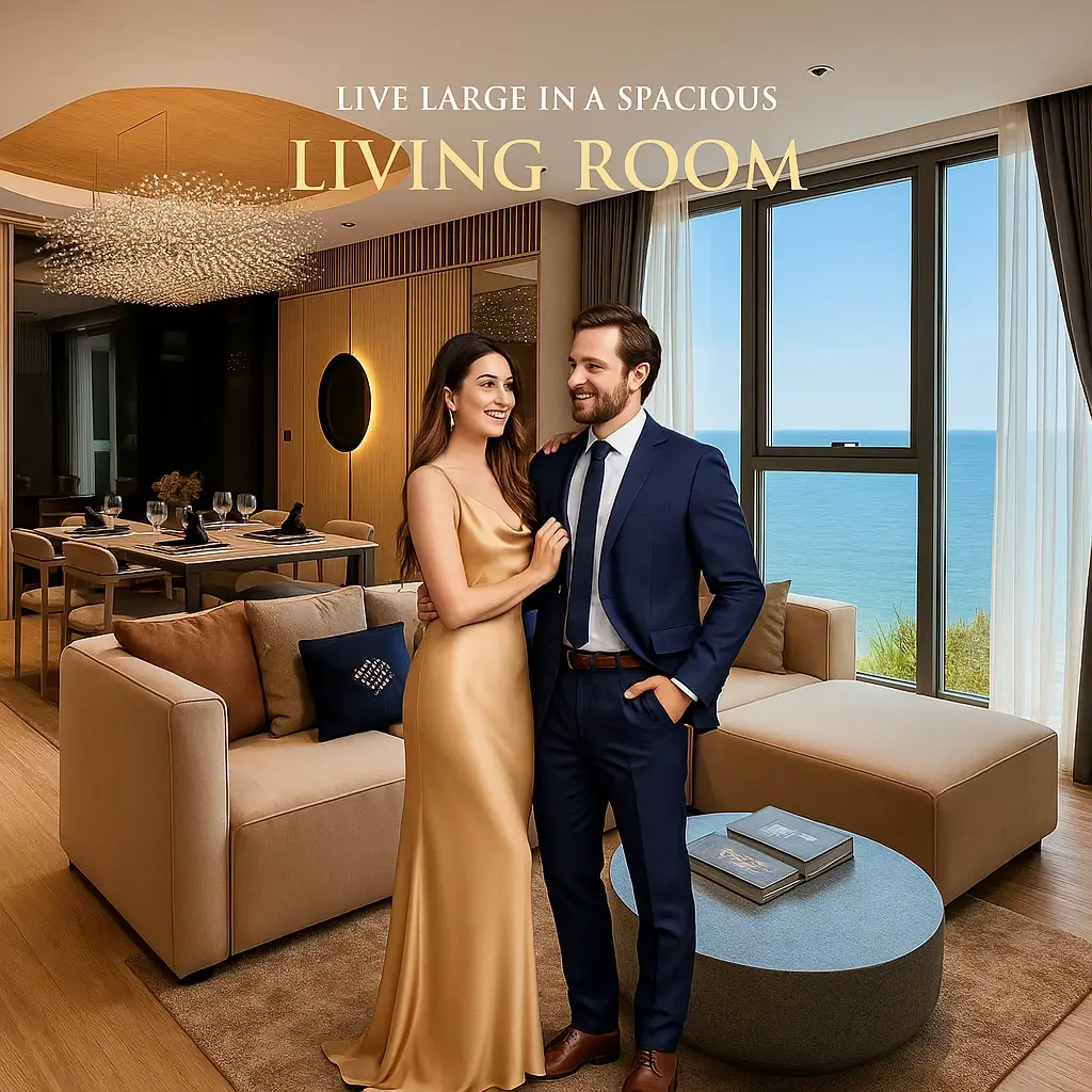 Квартира в новостройке Таиланда, современный жилой комплекс у моря. Молодая семья в своей новой квартире в Паттайе. Стильная пара, девушка в золотом платье