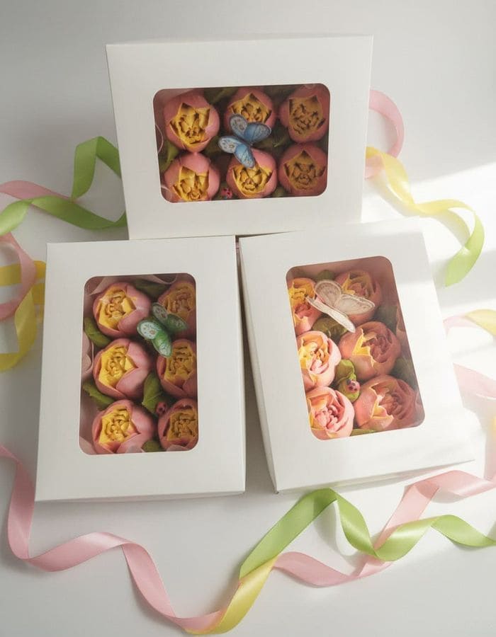 Тюльпаны из зефира в коробке с окном 12×16см 2