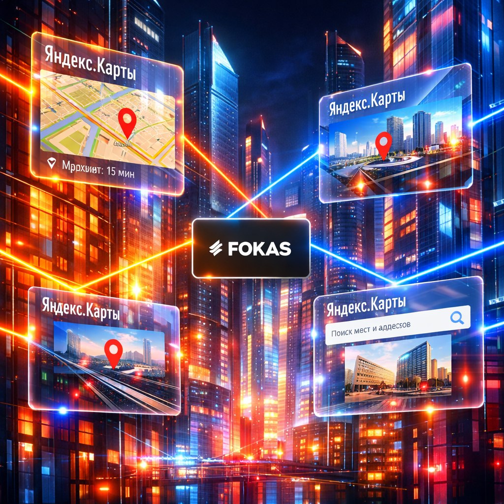 парящие карточки Яндекс.Карт с логотипом FOKAS