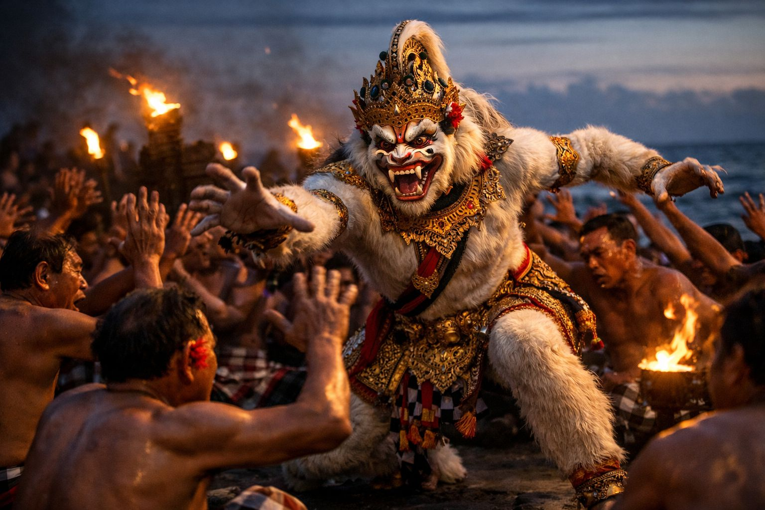 Adegan Hanoman dalam Tari Kecak dan Fire Dance di Pantai Melasti Bali dengan api dan koor pria di sekelilingnya