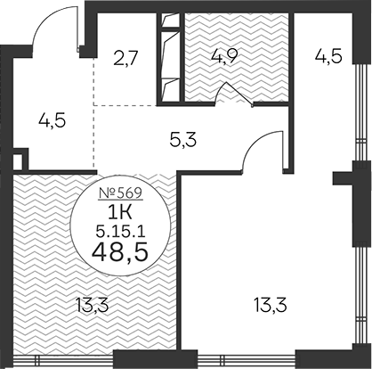1-комн 48,5 м²