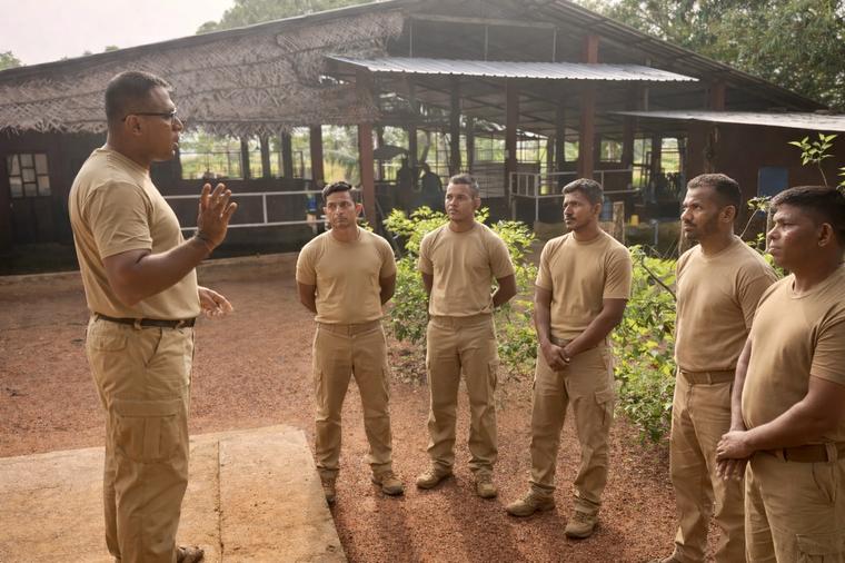Ranch team briefing beside the stables at Vonfidel Ranch in Sri Lanka.