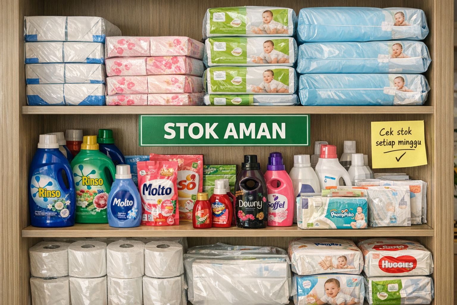 Rak stok aman berisi tisu, deterjen, dan kebutuhan rumah tangga untuk belanja bulanan yang lebih hemat
