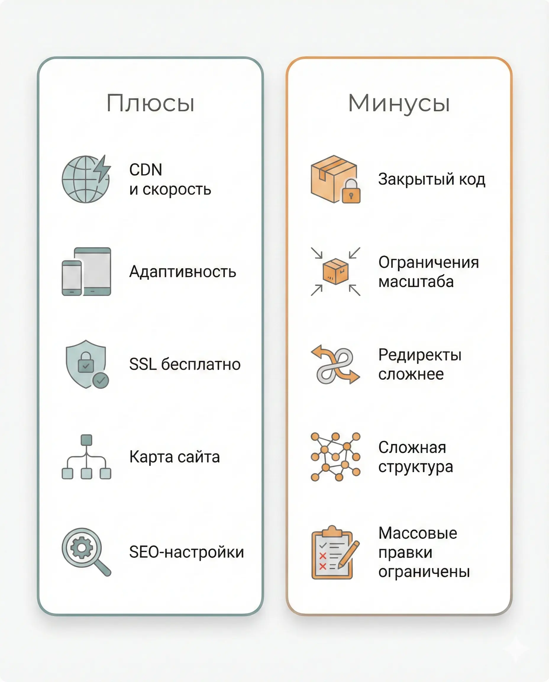 Инфографика: плюсы и минусы Tilda для SEO — скорость и адаптивность, SSL и карта сайта vs закрытый код, ограничения масштабирования и сложные редиректы