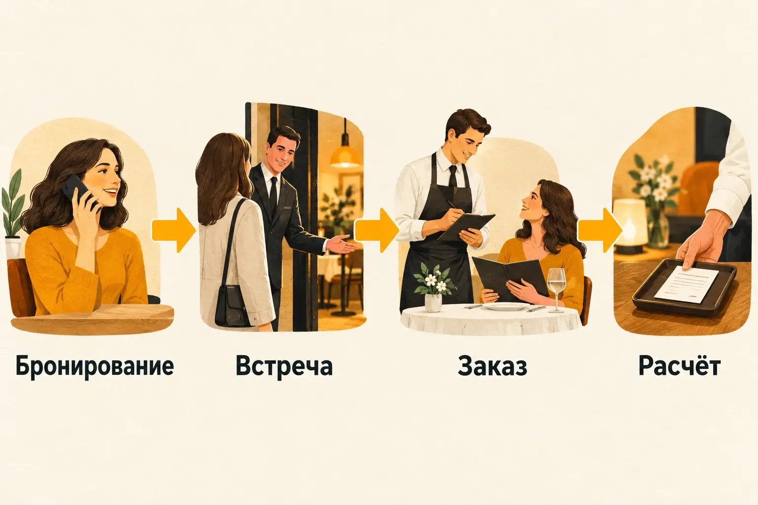 Путь гостя: бронирование, встреча, заказ и расчёт