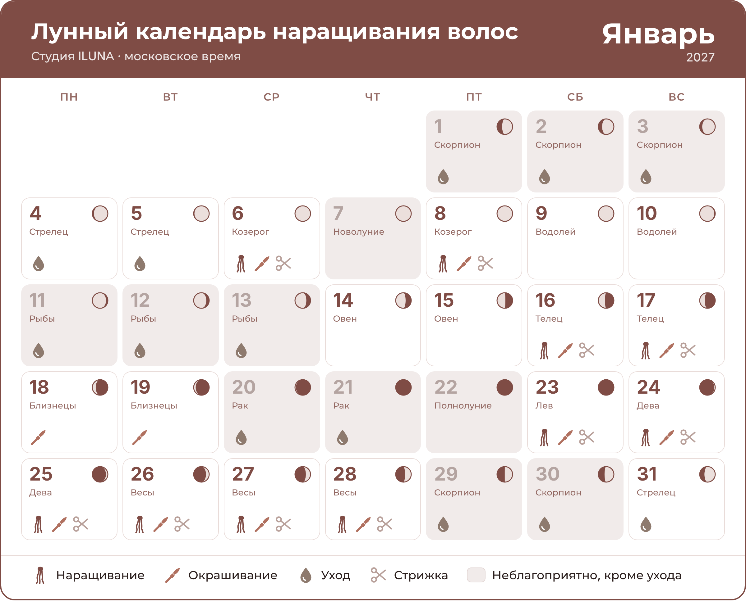 Лунный календарь наращивания волос на январь 2027 по дням