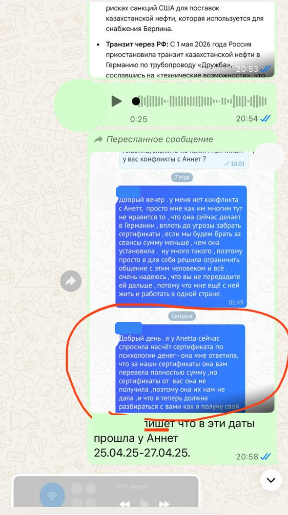 Фрагмент переписки WhatsApp, материал 1