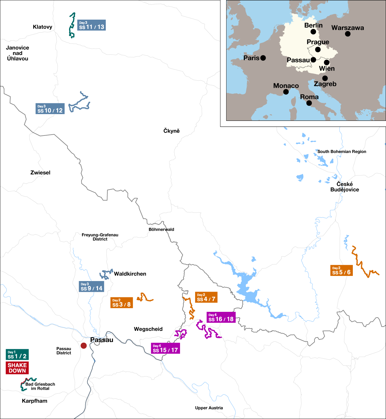 Карта спецучастков Центральноевропейского ралли 2025