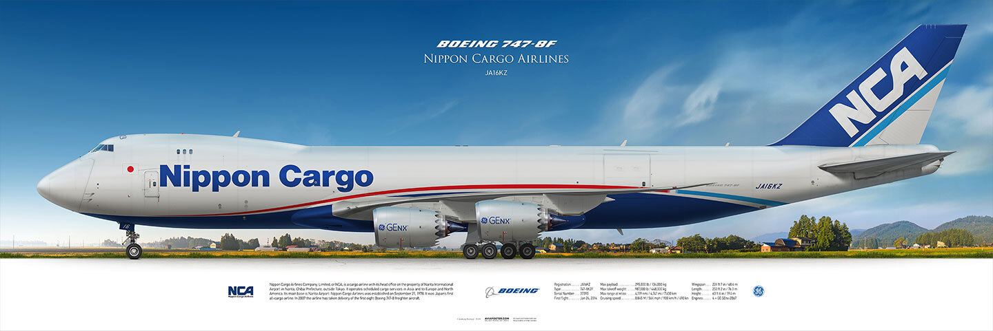 Nippon Cargo Airlines Boeing 747-8f cargo plane, airplane drawing on Japanese landscape background