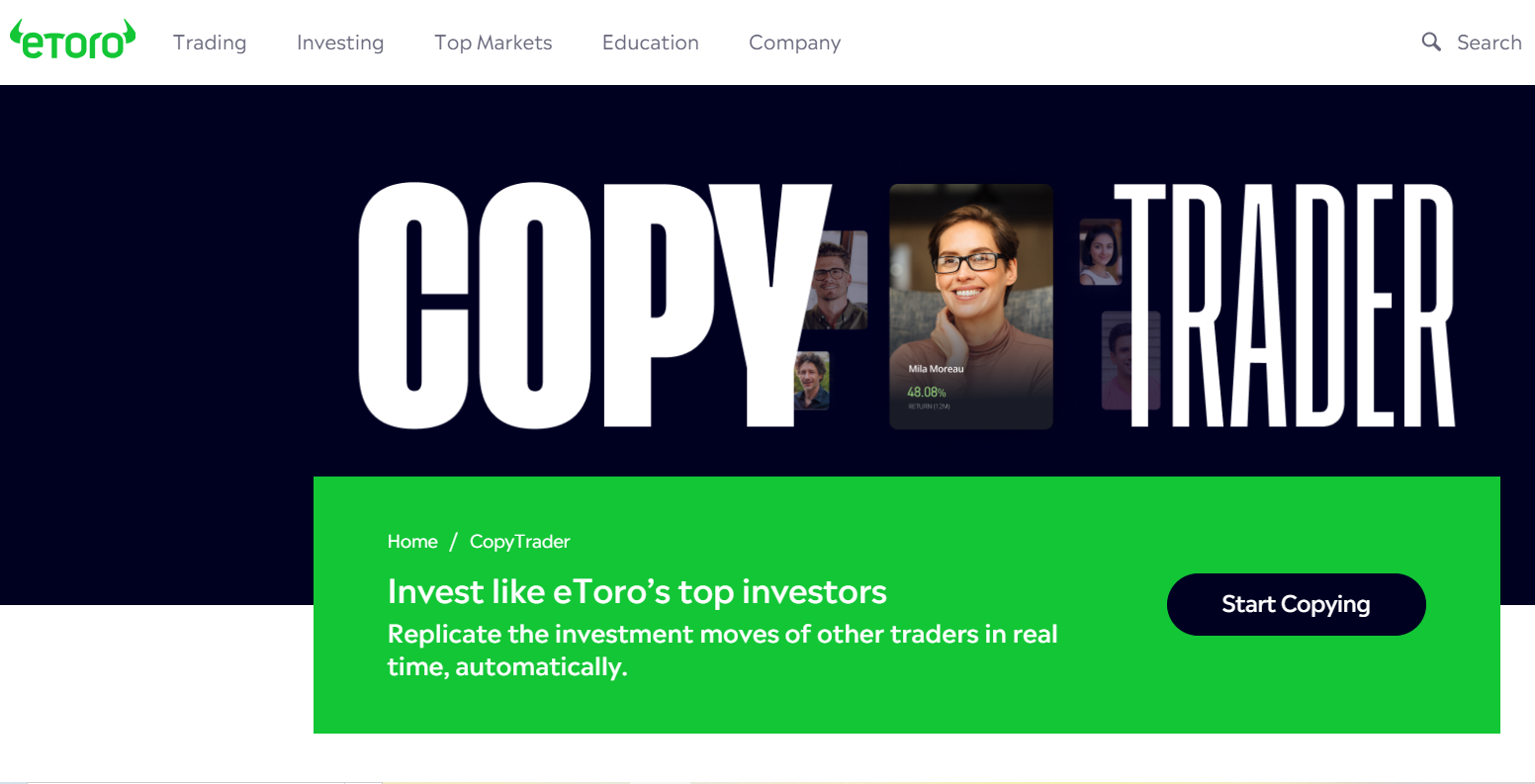 eToro's main web interface for eToro copy trading